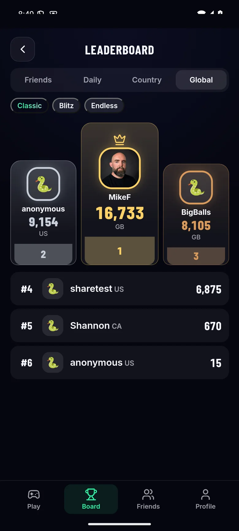 The Snake League leaderboard with a gold, silver and bronze podium