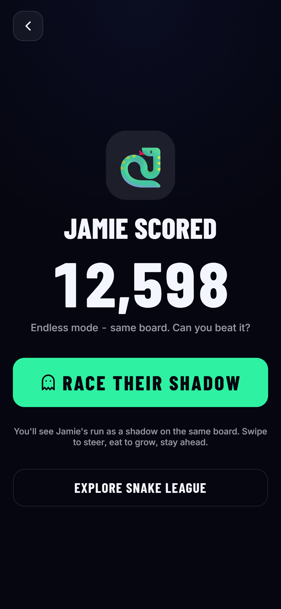 The screen a friend sees when they open a Snake League challenge link