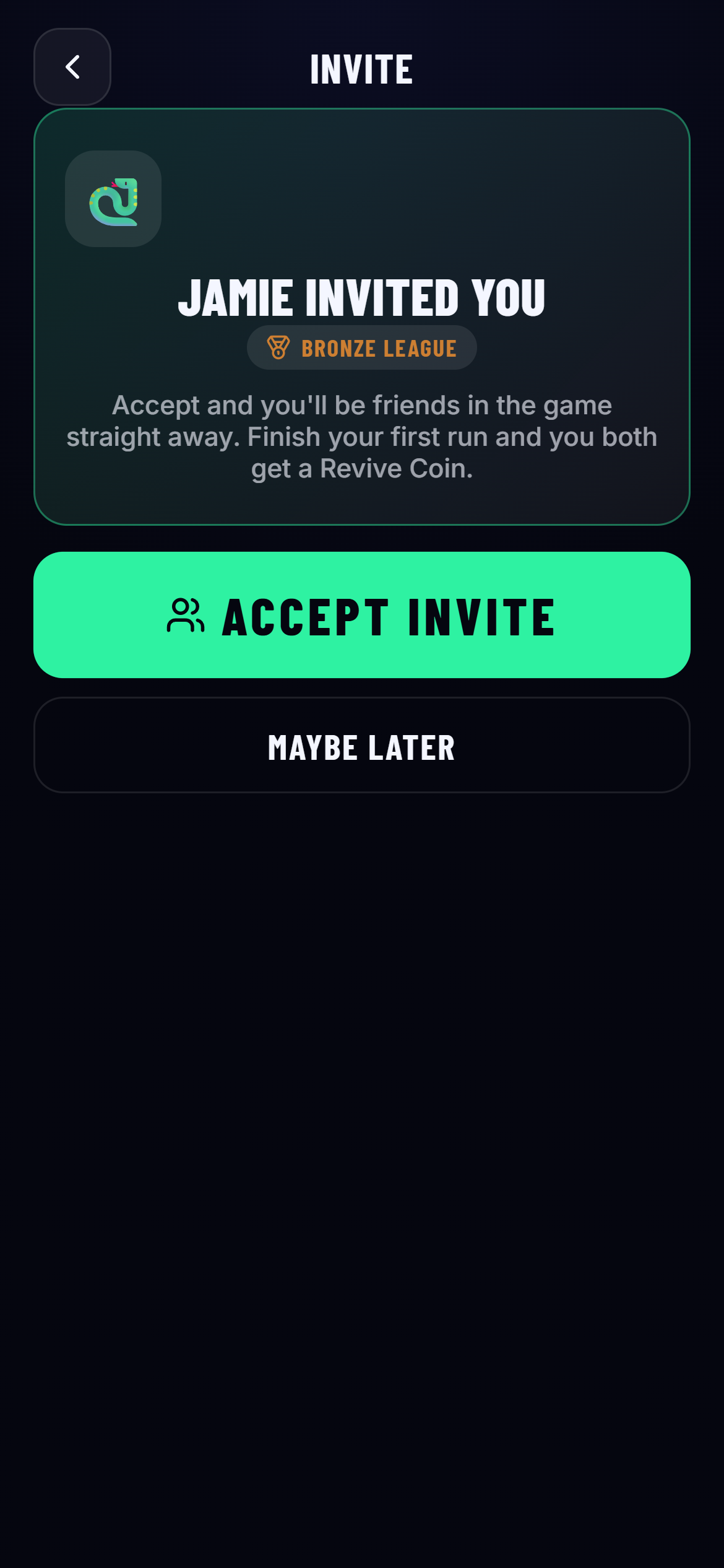 The screen a friend sees when they open a Snake League invite link